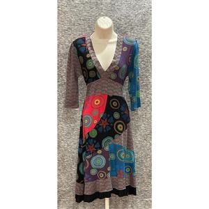 Papillon 3/4 Sleeve Mixed Print V Neck Dress M